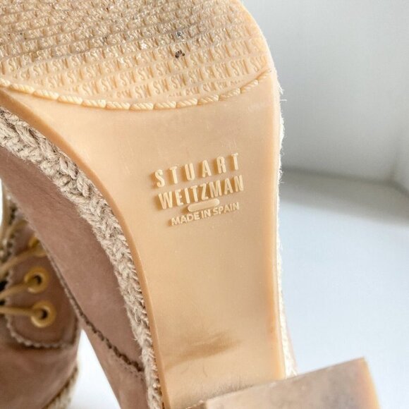 Stuart Weitzman Light Beige Suede Espadrille Detail Heeled Peep Toe Booties 7.5 - Picture 7 of 7